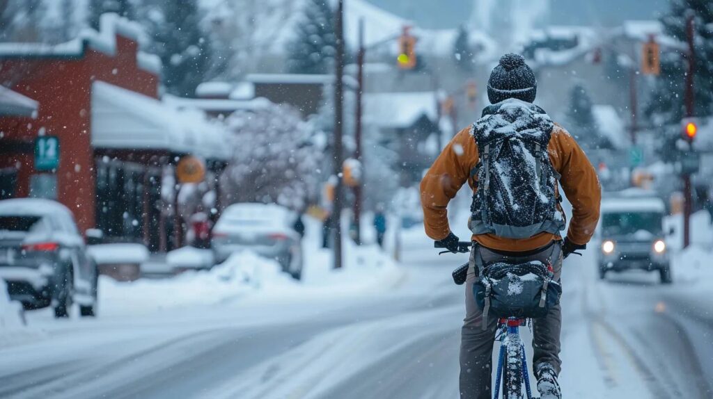 a cyclist navigating the snowy streets of steamboat springs, with skis prominently strapped to his backpack, embodies the essence of local expertise essential for efficient moving in a winter climate.