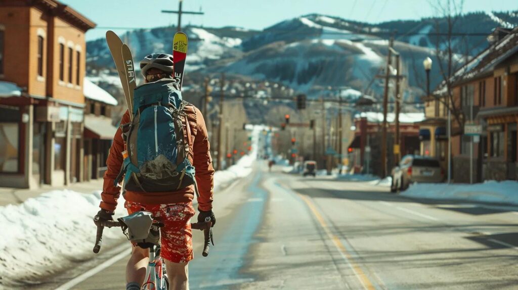 a determined cyclist, dressed in vibrant shorts, navigates an urban street while confidently transporting snow skis strapped to his backpack, embodying the adventurous spirit of steamboat springs' trusted moving services.
