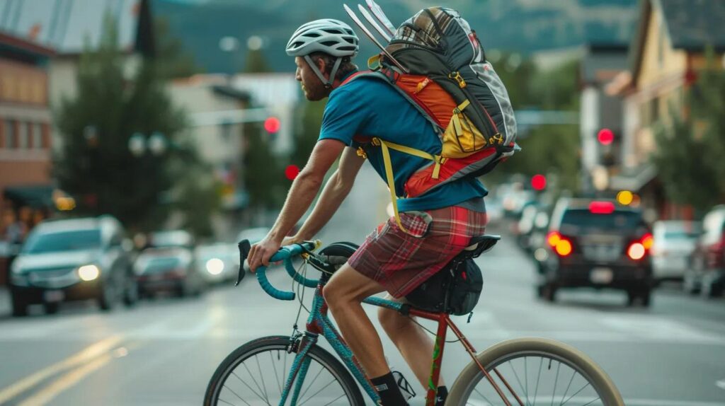 a determined cyclist in vibrant shorts navigates the bustling urban streets of steamboat springs, showcasing snow skis securely strapped to his backpack, symbolizing the adventurous spirit of local movers, alpine ascent moving.