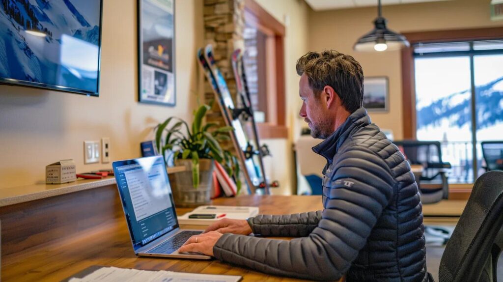 a focused scene in a vibrant steamboat springs office showcases a confident man in casual attire, sitting at a sleek desk with an open laptop displaying a transparent pricing quote for moving services, while skis lean against the wall, embodying the spirit of an active, affordable lifestyle.