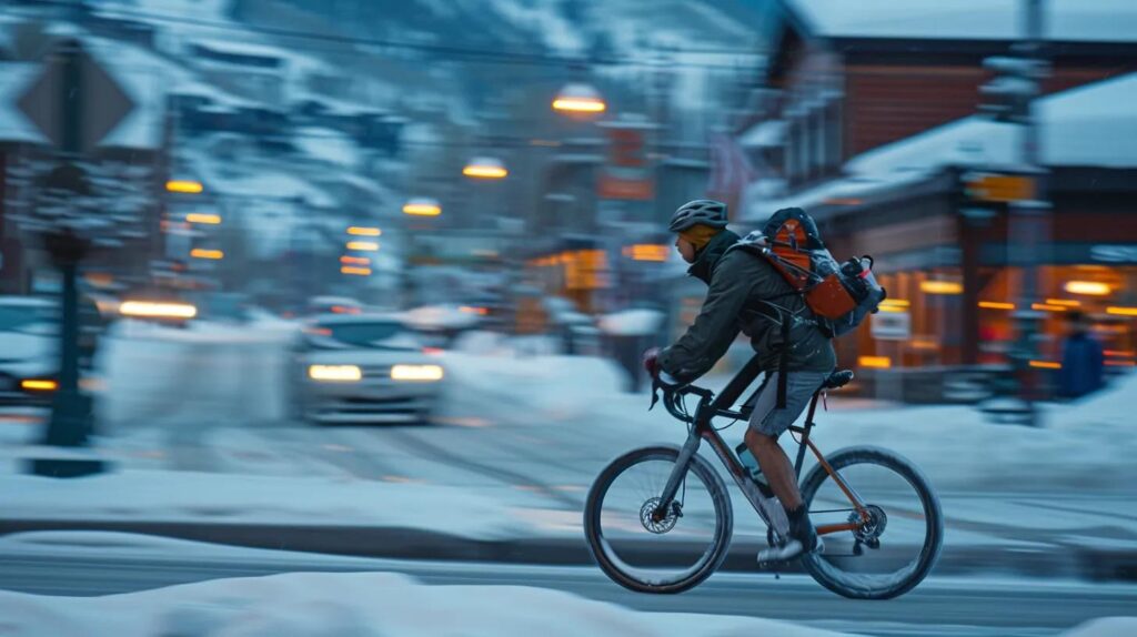 a man confidently rides a bicycle through the snowy streets of an urban area, wearing shorts and a backpack with snow skis, highlighting the adventurous spirit of steamboat springs while subtly referencing the theme of moving costs and services.