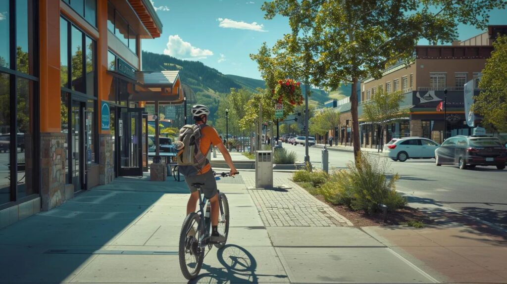 a rugged urban street in steamboat springs features a man in shorts pedaling a bicycle, snow skis strapped to his backpack, as he prepares to consult with a friendly local moving company representative outside a modern office building.